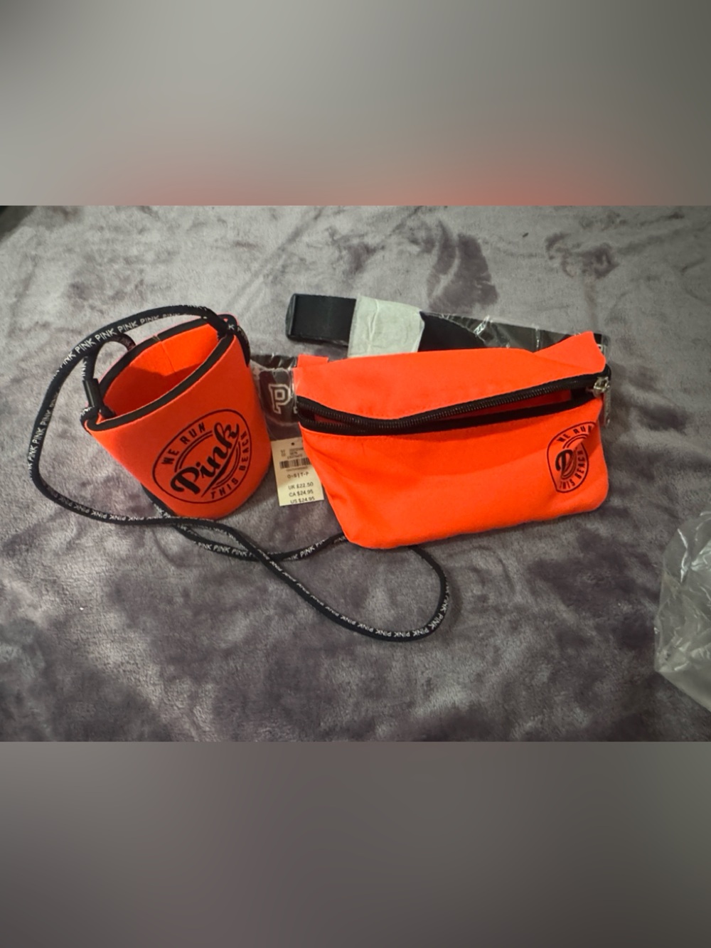 PINK Victoria's Secret Neon Orange Crossbody Pouch and Cup Holder Set